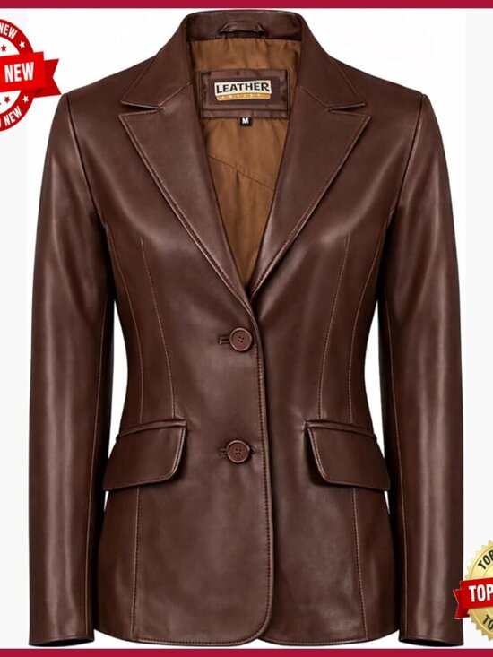 Jackets & Blazers - Genuine Lambskin Leather Blazer Jacket Women's Tailored Two-Button